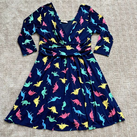 ModCloth Jessy B Navy Multicolor Novelty Dinosaur Dress Size XL V Neck Faux Wrap - Picture 1 of 7